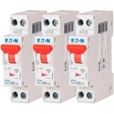 Image de EATON 264744 PLG4 C10/1N DISJONCTEUR MODULAIRE PH/N Blanc MANETTE ROUGE 1P+N / 10 A COURBE C Raccordement à vis 3 disjoncteurs