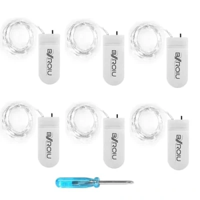 Image de BXROIU 6 x Guirlandes Lumineuses a pile,20 LEDs 2 Mètres Fil d&#039;argent et à Piles CR2032 idéal pour les fêtes de Noël, le mariage, la fête, décor votre chambre jardin (Blanc Froid)