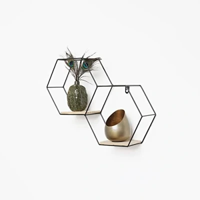 Image de IVOL Double Etagere Murale hexagonale en métal avec 2 tablettes Bois 30,5x41 cm Noir Decoration pour de Multiples espaces Vie y Compris Le matériel Montage