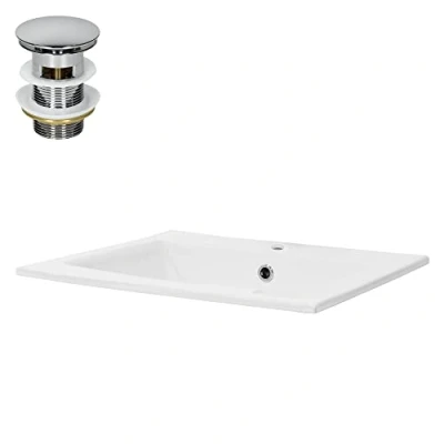 Image de ML Design Lavabo en Céramique Blanc Brillant, Ø 420 x 135 mm, Forme Diamant, avec Bouchon de Vidange Laiton Chromé, Vasque à Poser Évier Lave Mains pour la Salle Bain Toilettes d&#039;Invités