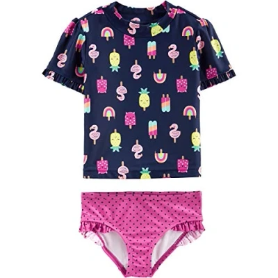 Image de Simple Joys by Carter&#039;s 2 Piece Assorted Rashguard Sets Ensemble de Maillot dermoprotecteur, Bleu Marine Glaces À l&#039;eau/Rose Points, 6 9 Mois Bébé Fille