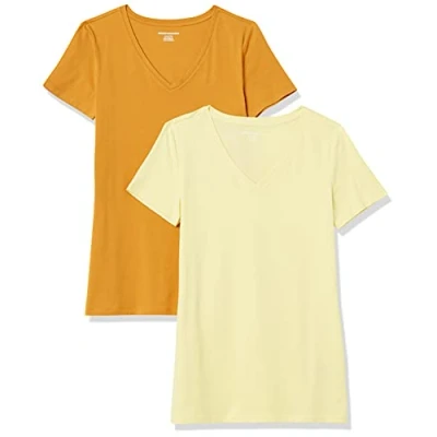 Image de Amazon Essentials T Shirt Col en v à Manches Courtes Coupe Classique Femme, Lot de 2, Jaune Clair/Jaune Doré, L