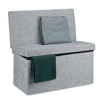 Image de Relaxdays 10020373 Tabouret de rangement pliant en lin avec dossier appui dos coffre stockage ottoman pouf H x l P: 73 76 38 cm repose pieds banc couvercle, gris