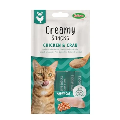 Image de Bubimex Creamy Snacks Poulet et Crabe Friandises Crèmes à Lécher pour Chats Texture Lisse, Onctueuse Appétissante Stimule l&#039;Appétit Favorise l&#039;Hydratation 4 x 15 g