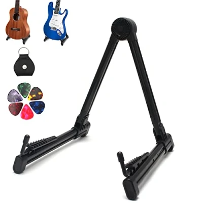 Image de Support Pliable pour Guitare de Portable Stand Universel Classique avec Médiators et Sac Médiator Porte Acoustique Électrique Basse Ukulélé, Noir