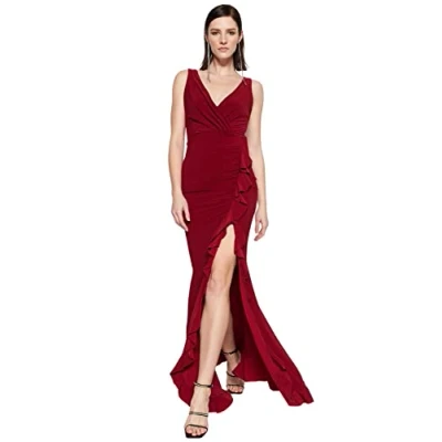 Image de Trendyol Robe de soirée détaillée avec Volant d&#039;inertie Nuit Formelle, Bordeaux, 38 Femme