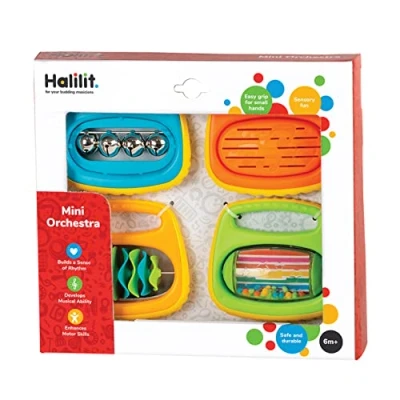 Image de Halilit Mini Orchestra Baby Gift Set. Includes 4 Colourful Musical Instruments My Bell, Tambaring, Clip Clap and Rock ‘n’ Roll Rattle, Suitable for Boys &amp; Girls from 6 Months +