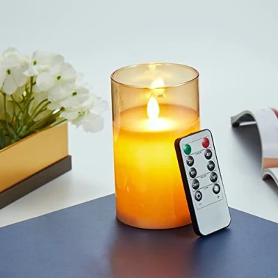 Image de Bougies LED, Sans Flamme Vacillantes, à Piles avec Verre, en Cire Réelle Télécommande, Fonction de Minuterie, Dimmable pour Décoration Mariage Anniversaire 15cm Brun