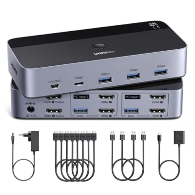 Image de UGREEN Switch HDMI KVM 2 Entrées Sorties 4K 60Hz Double Affichage Commutateur avec 4 Ports USB 3A1C 5Gbps pour Clavier Souris Disque Dur Contrôleur de Bureau Câbles Inclus