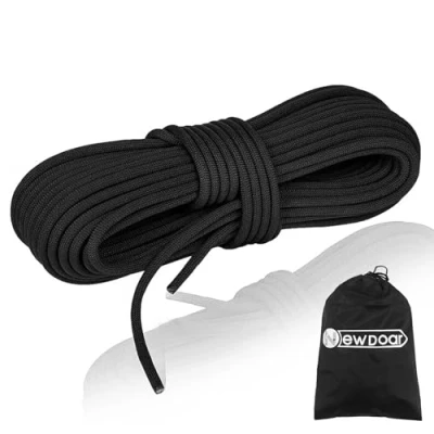 Image de NewDoar CE &amp; UIAA Certifié Corde d&#039;escalade Statique 18KN 10mm(3/8in) Haute Résistance de Cordon Accessoire à Double Tresse pour Prusik Hauling Dragginge (Noir 10mm,50ft)