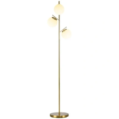 Image de HOMCOM Lampadaire sur pied salon en métal doré avec 2 abat jours globe blanc verre dépoli 40W Ø 27 x 169H cm