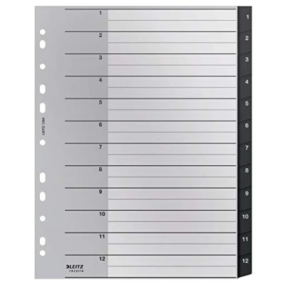 Image de Leitz Intercalaires, Onglets 1 12, A4, Extra Large, Plastique 90% Recyclé, Écologique, Qualité Premium, Recycle, Noir, 12090000