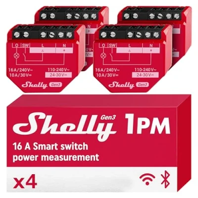 Image de Shelly 1PM Gen3 Interrupteur Connecté Wi Fi &amp; Bluetooth, 1 Canal 16A, Compteur d&#039;énergie Intégré, Aucun Hub Requis, Chip 8 MB, app iOS Android, Alexa, Google Home, KNXnet (4 Pack)