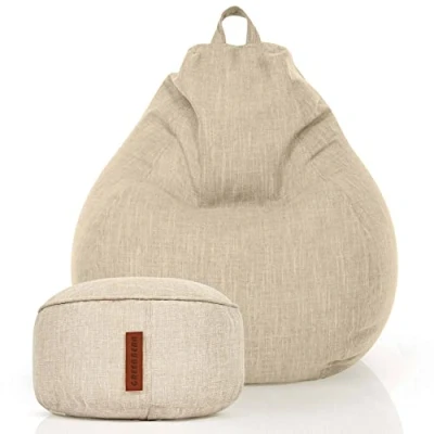 Image de Green Bean© Set de 2 Pouf d&#039;Intérieur XXL + Tabouret avec Remplissage Perles EPS Repose Pieds Coussin Sol Repos Siège Lounge Chair Chaise Fauteuil Relaxation Bean Bag Crème Sable