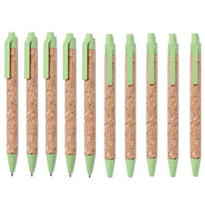 Image de N.10 stylos à bille en vrai liège et composants fibre de paille, recharge bleue, complètement écologique vert eco durable (Vert)
