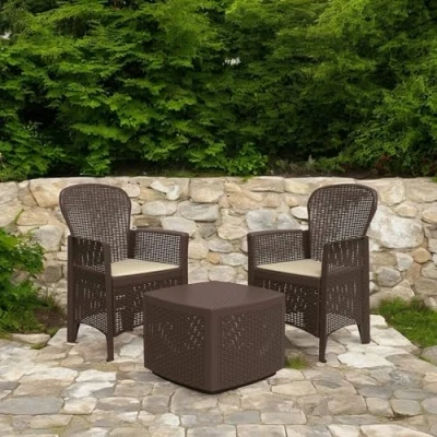 Image de Dmora Ensemble de Salon d&#039;extérieur Naples, Composition jardin avec 2 fauteuils et 1 table rangement, effet rotin, 100% Made in Italy, Marron