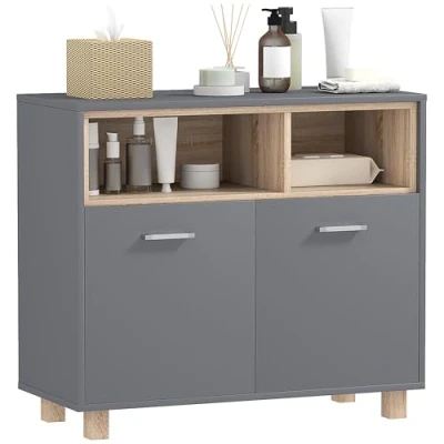 Image de Meuble salle de bain rangement HOMCOM style moderne compartiments ouverts et portes doubles gris