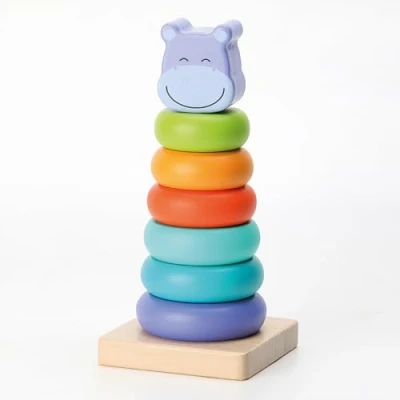 Image de Jocca Jouets d&#039;apprentissage en Bois Pyramide empilable avec Anneaux colorés, Arc Ciel, Jouet éducatif sensoriel Classique, Hippopotame, à partir de 12 Mois