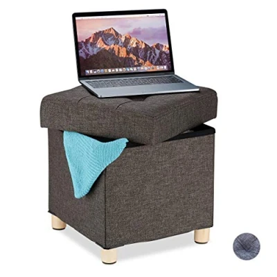 Image de Relaxdays Tabouret avec Espace de Rangement, Rembourrage Doux, matelassé, Tissu, siège, HxLxP: 39 x 38 cm, Marron, Taille Unique