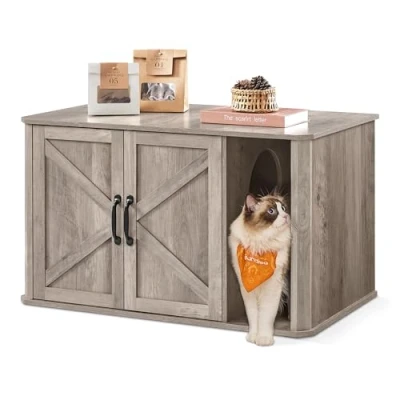 Image de Feandrea Meuble Litière pour Chat, Moderne Cache Litière, Entrée par Devant, Double Porte, Poignées, Maison Table d’Appoint, 85 x 48,5 50 cm, Grège Chiné PCL012G01