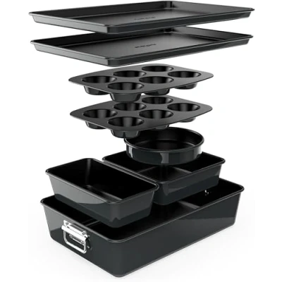Image de Nutrichef Ensemble de Moules à Pâtisserie Antiadhésifs Empilables Plaques Cuisson en Acier Premium sans PFOA, PFOS, PTFE avec Revêtement Antiadhésif Kit (Noir)