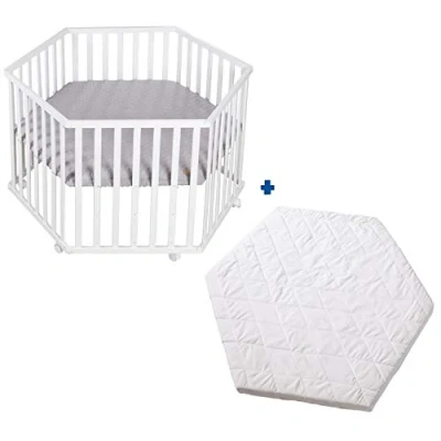 Image de roba Parc Bébé Hexagonal en Bois + Matelas et Tapis de Style Gris Hauteur Ajustable sur 3 Niveaux 6 Roulettes avec Freins Laqué Blanc