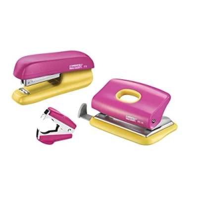Image de Rapid Funky Agrafeuses manuelles Set scolaire complet agrafeuse+perforateur+ôte agrafes Rose/Jaune Lot de 1