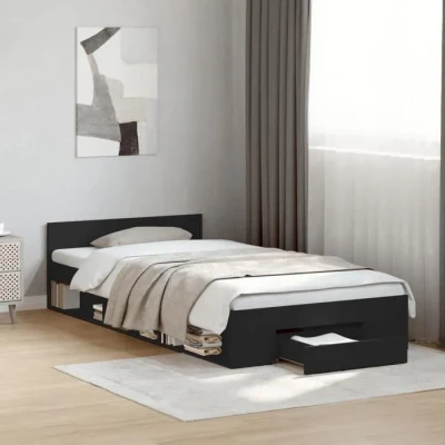 Image de vidaXL Cadre de lit avec tiroir Noir 90x190 cm Bois d&#039;ingénierie, lit, Rangement, Simple, Meuble Chambre, sommier