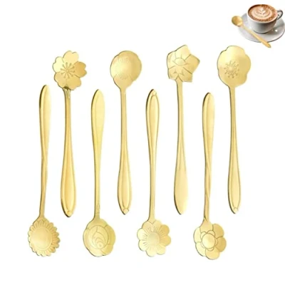 Image de LYTIVAGEN 8 Pièces Cuillères à Café Thé en Forme de Fleur Cuillère Acier Inoxydable pour Dessert, Sucre, Crème Glacée et Confiture (Or)