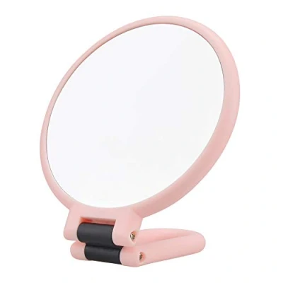 Image de Miroir Maquillage Double Face Glace Grossissant X5/X1 à Main avec Pliable Poignée/Sur Pied,Miroir de Voyage pour Fille Femme,Miroir Poche Portatif,Poser Suspendu Orientable,Rond Petit (Rose)