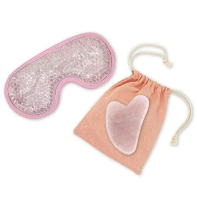 Image de Sun &amp; Sia Kit Masque Yeux Chaud/Froid et Gua Sha en Pierre Naturelle Quartz Rose (+Housse) Rafraîchit le Teint, Traite les Poches Cernes, Stimule la Circulation Effet Anti Âge Peau + Ferme
