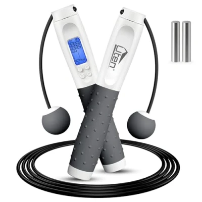 Image de Uten Corde à Sauter, a Sauter Sport avec Compteur de Calories Jump Rope sans Fil Numérique Réglable pour Fitness, Perte Graisse, Gym, Blanc et Gris