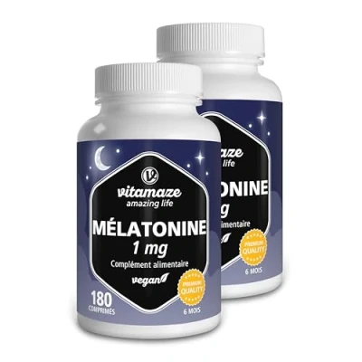 Image de Pure Melatonin 1 MG (pour an), Duo Pack de 360 comprimés, Mélatonine à haute dose et végétalienne pour le sommeil, Supplément sommeil sans additifs indésirables, Qualité allemande. Vitamaze®