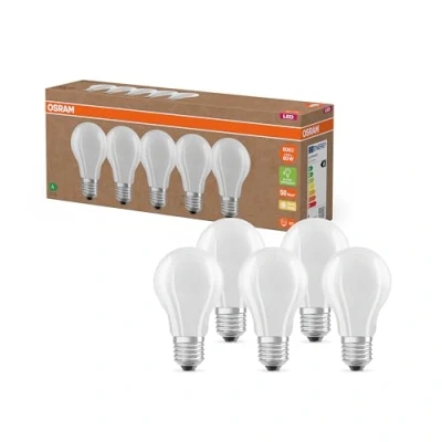 Image de OSRAM Hocheffiziente LED Lampen mit Energieeffizienz Klasse A, Vorteilspack 5 Leuchtmittel, ersetzt herkömmliche 60W Glühbirnen, warmweiß(2700K), E27, mattes Glas, Blanc Chaud