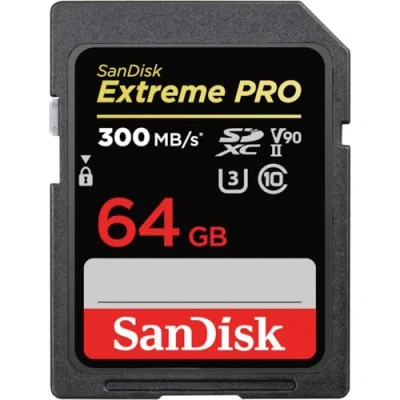 Image de SanDisk Extreme PRO 64 Go Carte SDXC, SD V90, UHS II, 8K, 4K, Full HD Video, Vitesse de Lecture jusqu&#039;à 300 Mo/s, l&#039;épreuve des chocs, la température, l&#039;eau et rayons X, Class 10 U3