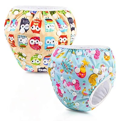 Image de PHOGARY Bébé Couche de Bain (2 pièces), Réutilisable Couches Lavables, Ajustable Anti fuite Imperméable Etanche Pantalon pour Garçon 0 à 3 ans(Robot, dinosaure)