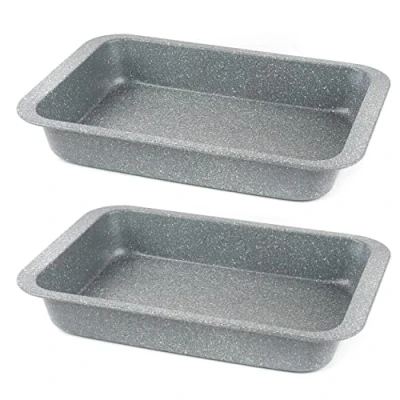 Image de Salter COMBO 8051A Marblestone Lot de 2 plats à rôtir antiadhésifs en acier carbone gris durable sans PFOA, viande, poisson et légumes, passe au four jusqu&#039;à 220 C, facile nettoyer