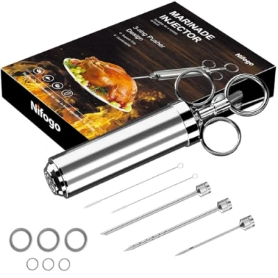 Image de Seringue Alimentaire de Cuisine, Injecteur Marinade d&#039;acier Inoxydable, injection Viande, à Marinade, 60 ML avec 3 Aiguilles + 4 Joints toriques et 2 pinceaux nettoyage (Argent)