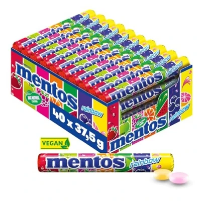 Image de Mentos Boîte de 40 Rouleaux Rainbow Bonbons Tendres et Croquants, 7 Fruits Assortis Fraise, Pomme, Orange, Raisin, Pastèque, Myrtille, Pamplemousse Classiques à Partager