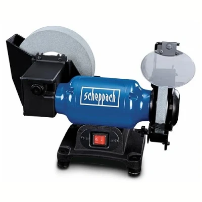 Image de Scheppach Touret Mixte BG200W 49032019189930 Moteur à induction 250W Meules Ø200 mm Pare éclats ajustables Porte outils réglables Lampe orientable Récipient d&#039;eau intégré