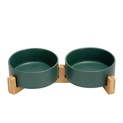 Image de SPUNKYJUNKY Gamelle Double en céramique avec Support Bambou pour Chat et Chien (400ml, Vert)