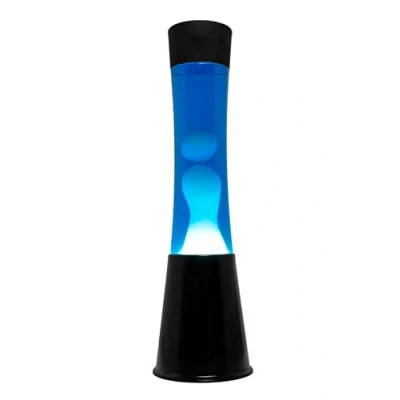 Image de fisura. Lampe à lave blanche et bleue des années 70. Base noire, liquide bleu blanche. d&#039;ambiance originale. Avec ampoule de rechange.11 cm x 11cm 39,5 cm.