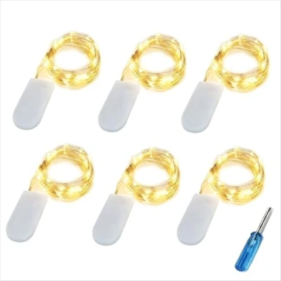 Image de BXROIU 6 x Guirlandes Lumineuses a pile,20 LEDs 2 Mètres Fil d&#039;argent et à Piles CR2032 idéal pour les fêtes de Noël, le mariage, la fête, décor votre chambre jardin(Blanc chaud)