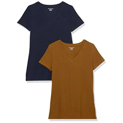 Image de Amazon Essentials T Shirt Col en v à Manches Courtes Coupe Classique Femme, Lot de 2, Brun Châtaigne Foncé/Bleu Marine, XS