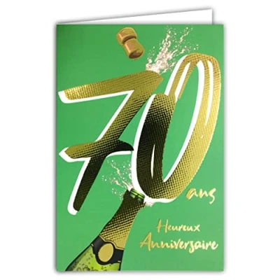 Image de Carte Anniversaire 70 ans en Or Doré Brillant Relief Texturé pour Homme Femme Texte Coloré Adapté à l’Âge l’Intérieur Enveloppe incluse Fabriquée France ColorAges Afie 69 2470
