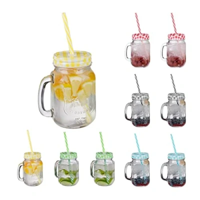 Image de Relaxdays Jarres avec Paille et Couvercle, en Lot de 10, Volume 500 ML, Design rétro, Verre Anse, Multicolore