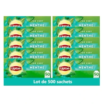Image de Lipton, Thé Vert, Vert Origine Asie, Infusion à Froid ou Chaud, Goût Menthe, Fraîcheur, Ingrédients d&#039;Origine 100% Naturelle, 500 Sachets