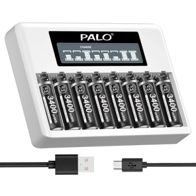 Image de Palogreen 8 Piles AA 3400mWh Rechargeables avec Chargeur De Piles, Individuel Indicateur Intelligent Charge pour AAA Micro USB Et Type C Rapide