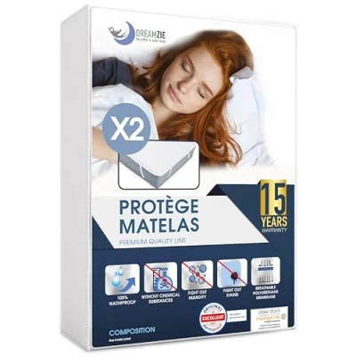 Image de Protege Matelas 100x200 Imperméable (Lot de 2) Oeko TEX par Dreamzie Alèse en Coton Respirant avec 4 Coins Elastiques