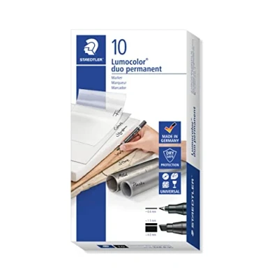 Image de Staedtler Lumocolor Duo 348 Marqueur Permanent Double Pointe Fine 0,6 Mm Et Biseau 1,5 À 4 Noir Boite de 10
